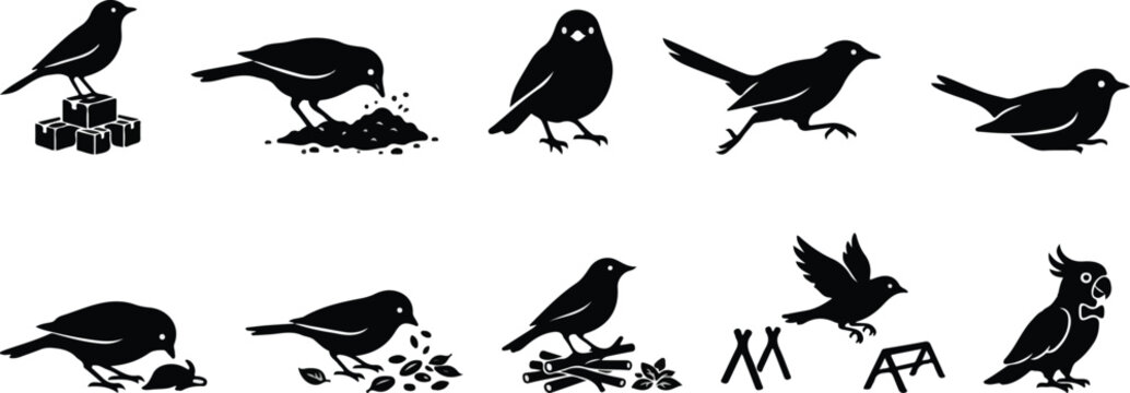Birds silhouettes set, various wild birds eating and flying vector icons isolated on white background.