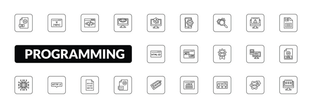 outline programming icons set - js, 404 error, seo monitoring, seo reputation. editable vector for web and mobile ui