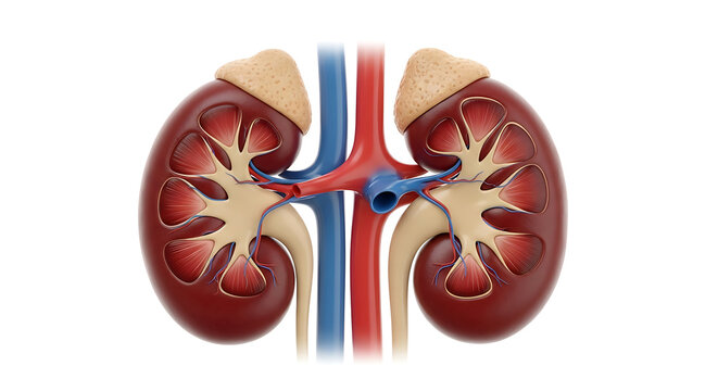 Anatomical illustration of human kidneys with adrenal glands, renal arteries, and veins isolated on white background