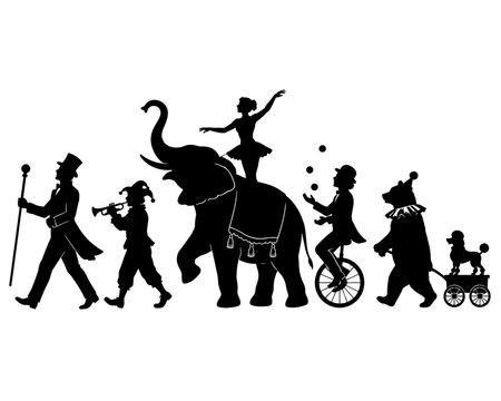 Circus parade with performers and animals silhouette in black on white background, concept of celebration and spectacle 