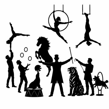 Circus finale with all performers silhouette in black on white background, concept of celebration and unity 