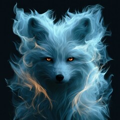 Naklejka premium An arctic fox face appears with bright eyes and large fluffy ears in neon colors against a black background with no other elements.