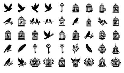 Obraz premium Modern Bird and Birdcage Silhouette Collection with Flying Birds and Decorative Cage Icons