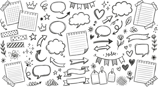 Hand drawn doodle set with stationery arrows hearts and decorative elements for scrapbooking and design
