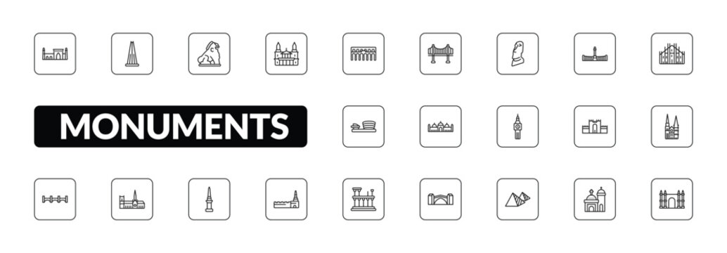 outline monuments icons set - id kah mosque, the, saint paul, spain. editable vector for web and mobile ui