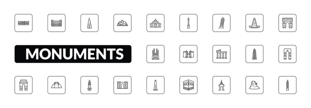 outline monuments icons set - palace of versailles, palais garnier, hu picchu, . editable vector for web and mobile ui