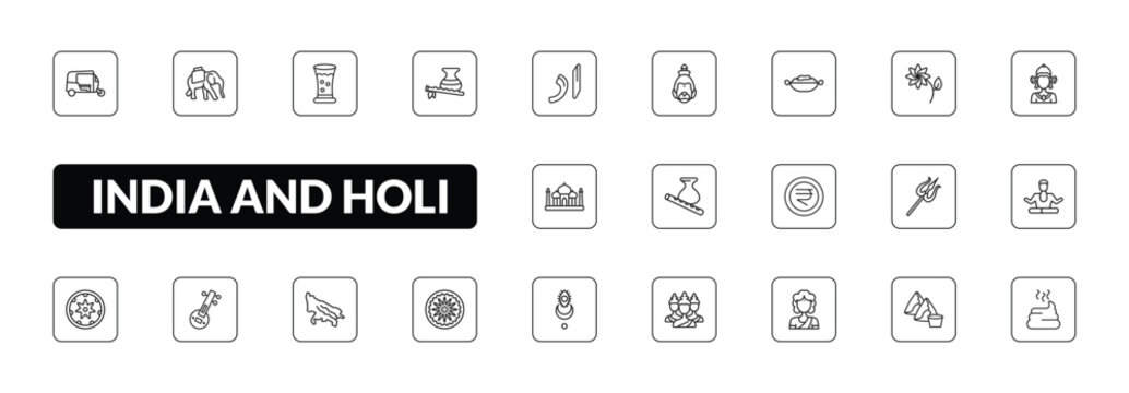 outline india and holi icons set - ricksaw, indian elephant, bhagavan, dung. editable vector for web and mobile ui