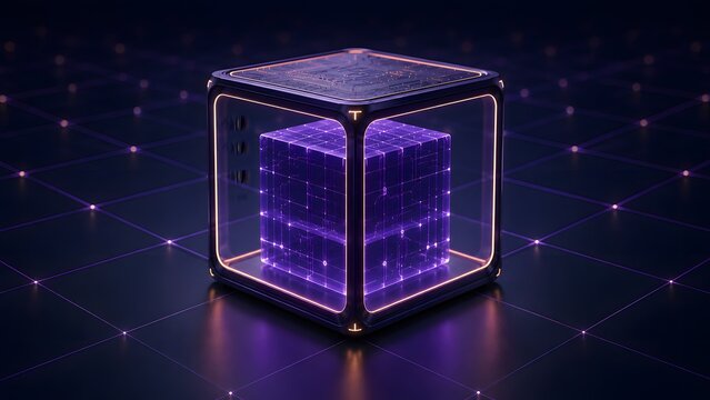 Glowing Purple Blockchain Cube Container with Internal Data Block on Dark Grid Floor
