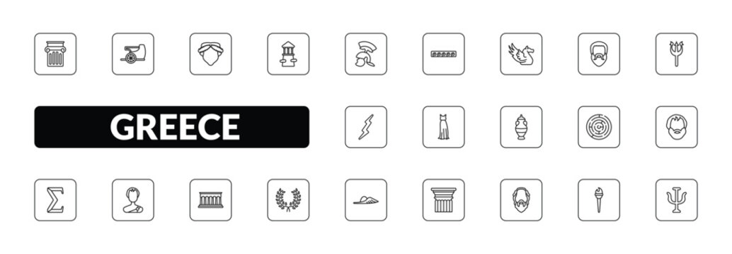 outline greece icons set - jonic column, chariot, olympus, psi. editable vector for web and mobile ui