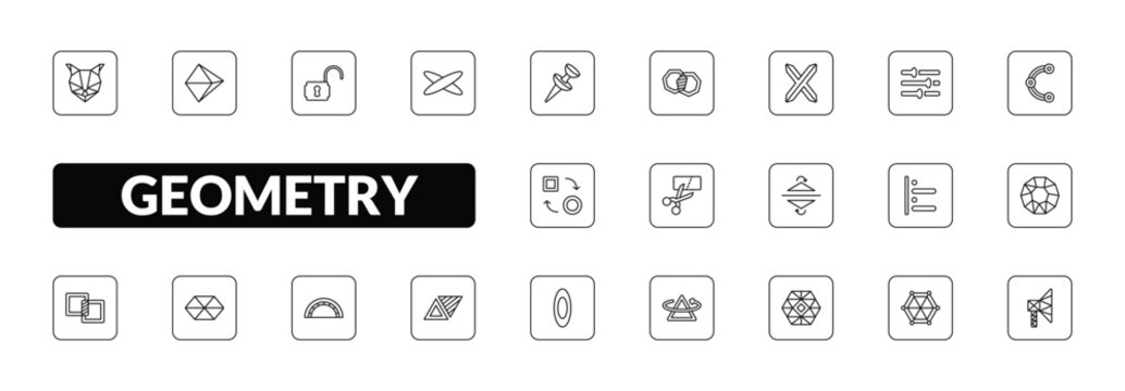 outline geometry icons set - polygonal cat, octahedron, ellipse, polygonal megaphone. editable vector for web and mobile ui