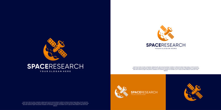Space explorer logo with satellite concept, modern technology, signal transmitter, database information, vector design template.