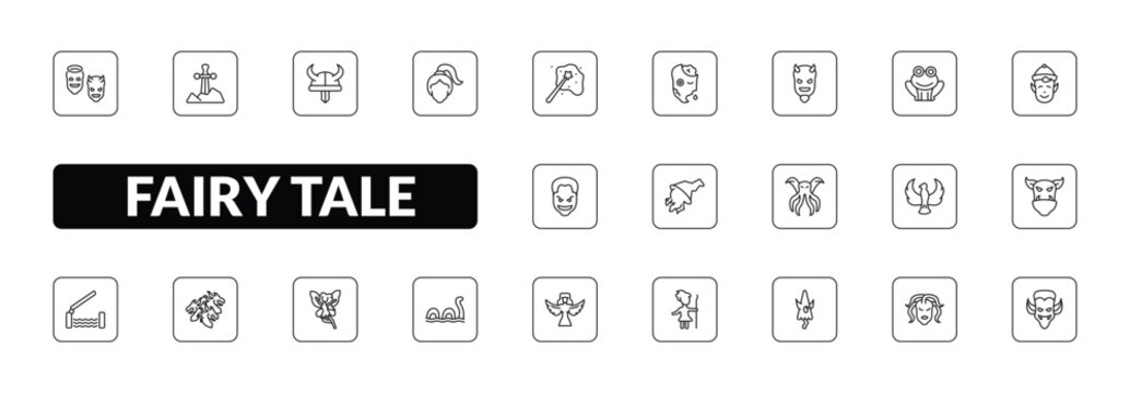 outline fairy tale icons set - antagonist, excalibur, damsel, dracula. editable vector for web and mobile ui