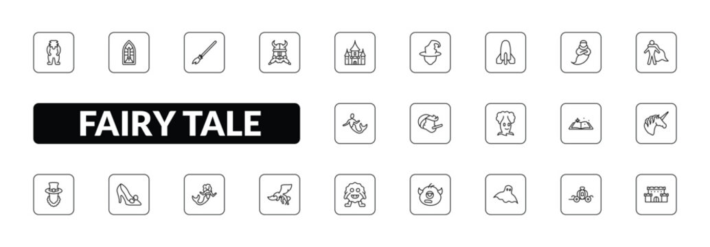 outline fairy tale icons set - yeti, stained glass, dwarf, castle. editable vector for web and mobile ui
