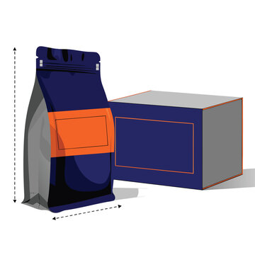 Dark Blue Pouch Bag and Box Packaging Technical Mockup