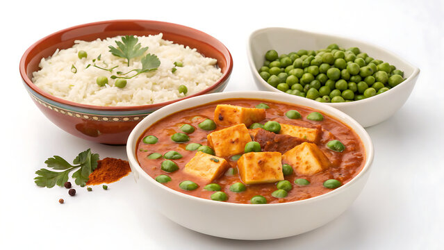 Matar Paneer, peas and paneer curry, isolated on white background