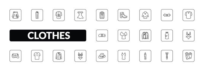 outline clothes icons set - kilt, jean, cocktail dress, leather gloves. editable vector for web and mobile ui © IconArt