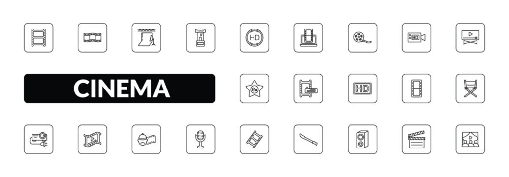 outline cinema icons set - photograms, image fotogram, ticket window, people watching a movie. editable vector for web and mobile ui