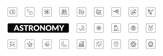 outline astronomy icons set - destroyed planet, comet, generator, stargate. editable vector for web and mobile ui © IconArt