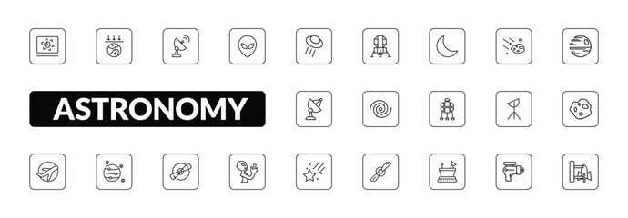 outline astronomy icons set - simulator, aerosphere, extraterrestial head, spaceport. editable vector for web and mobile ui © IconArt