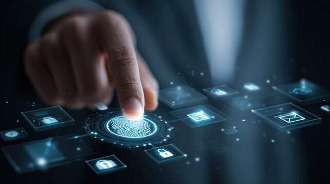 Businessmans hand activates futuristic digital interface with glowing buttons