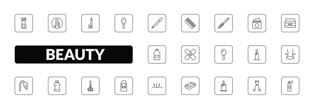 outline beauty icons set - aplicator bottle, women makeup, inclined hairbrush, deodorant. editable vector for web and mobile ui