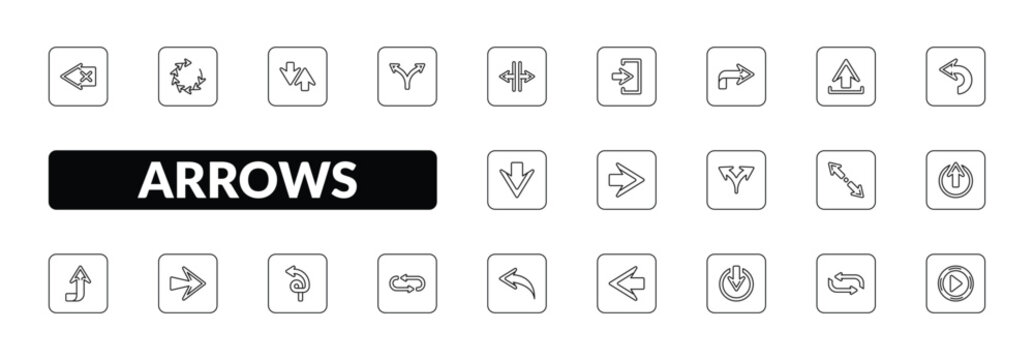 outline arrows icons set - backspace, loading arrows, divide, play button. editable vector for web and mobile ui