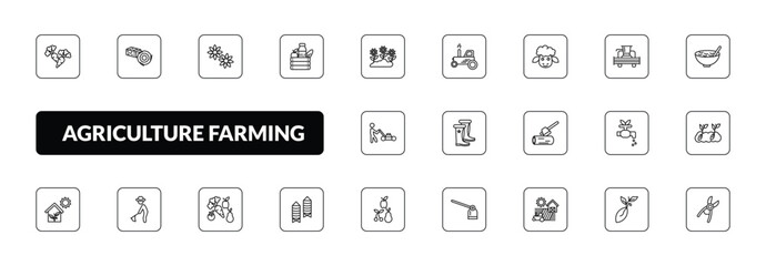 outline agriculture farming icons set - carrots, hay roll, farm products, shears. editable vector for web and mobile ui © IconArt