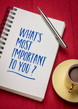 What's Most Important to You? &ndash; inspirational question handwritten in a spiral sketchbook beside a cup of coffee, encouraging self-reflection, purpose, priorities, and mindful living.