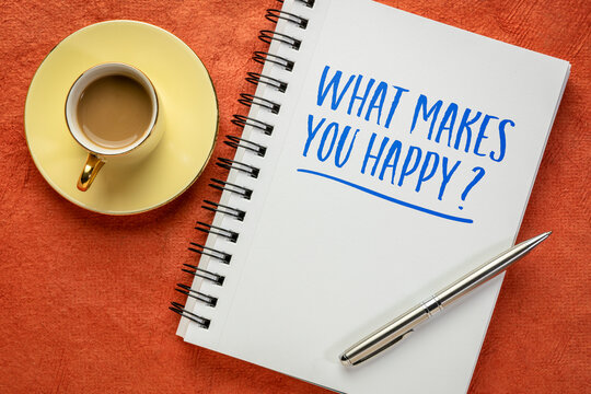 What Makes You Happy? &ndash; inspirational question handwritten in a spiral sketchbook beside a cup of coffee, encouraging self-reflection, gratitude, joy, and a meaningful life.