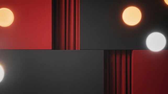 Abstract geometric composition with vibrant red theater curtains and glowing warm light orbs creating a dramatic modern design