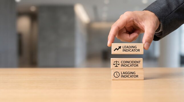 Hand placing wooden block with leading indicator on top of coincident and lagging indicators on desk in office