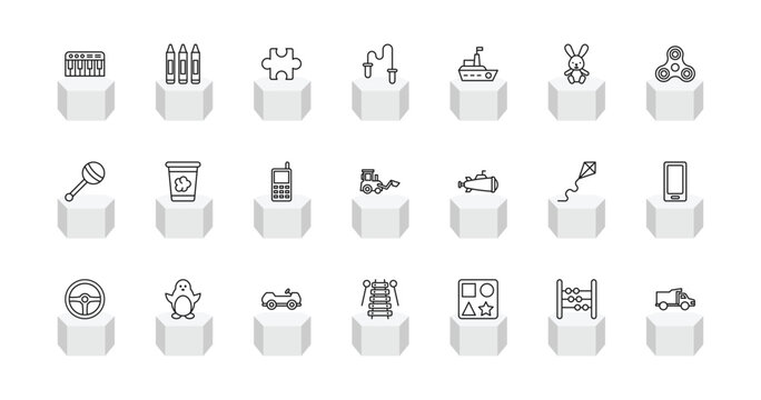 outline toys icons set - piano toy, crayons toy, skipping rope toy, truck editable vector for web and mobile ui