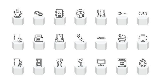 outline tools and utensils icons set - cup of tea, rubber bands, empty shopping basket, minute. editable vector for web and mobile ui
