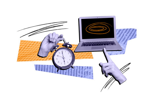 Composite photo collage of hand hold alarm clock point macbook time work break end deadline limit isolated on painted background