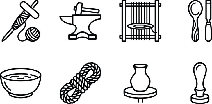 Black line icons of pottery and craft tools