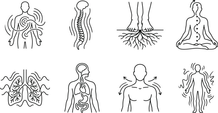 Black line art illustrations of human body parts and chakras