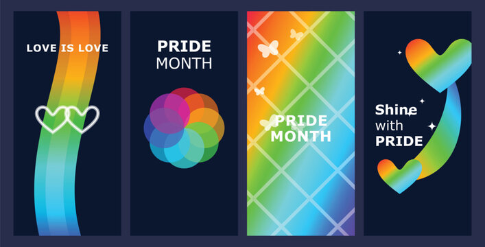Collection of four vertical lgbtqia pride month social media stories background templates with neon rainbow wave flower and heart graphics