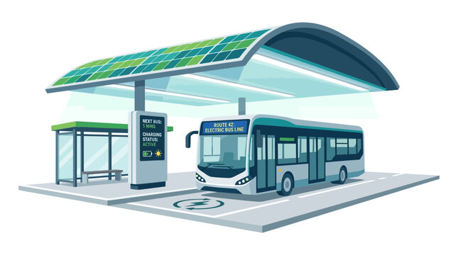 Electric Bus Charging Station with Solar Panels, Sustainable Public Transport