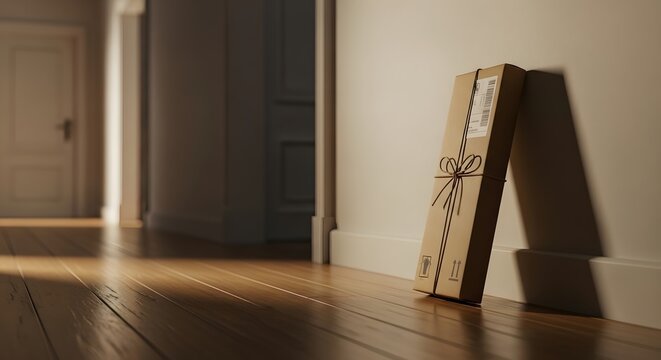 Cardboard package leaning against wall in hallway, delivery concept, warm light