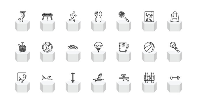 outline free time icons set - bungee jumping, jumping, gardening tools, dumbell. editable vector for web and mobile ui