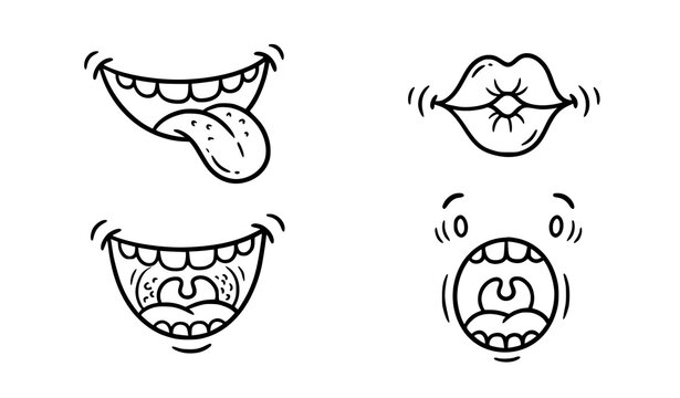 Cute cartoon mouth expression doodle vector set with funny quirky grins and vampire teeth outline symbols isolated on white