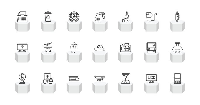 outline electronic devices icons set - typewriter, trash compactor, barcode scanner, weighing. editable vector for web and mobile ui