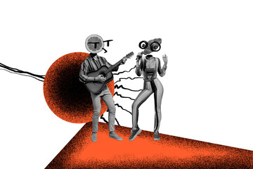 Composite photo collage of two musician girl guy instead head orange fruit croissant food party concert guitar isolated on painted background