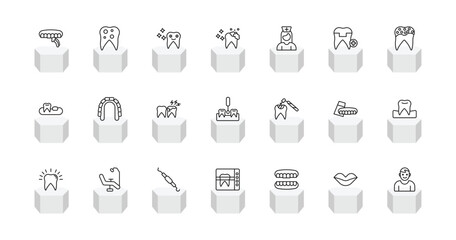 outline dentist icons set - dental veneer, bicuspid, tooth cleaning, healthy boy. editable vector for web and mobile ui © IconArt