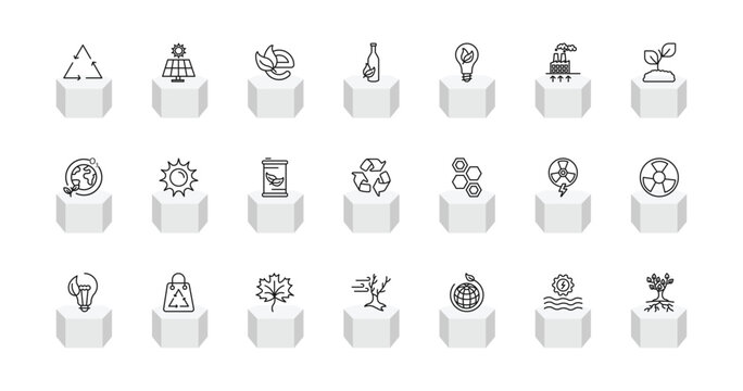 outline ecology icons set - recyclable, solar panels, recycled bottle, tree and roots. editable vector for web and mobile ui