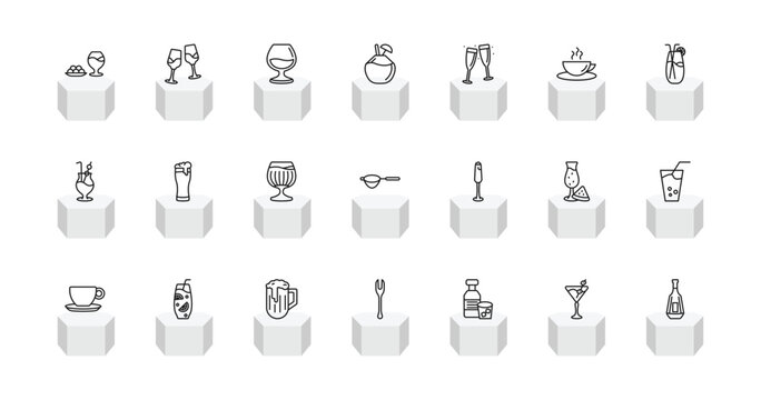 outline drinks icons set - ham, glasses with wine, coconut drink, brandy. editable vector for web and mobile ui