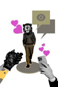 Vertical photo collage of dendy man instead head lion mask heart popular blogger hands clap phone spy eye isolated on painted background