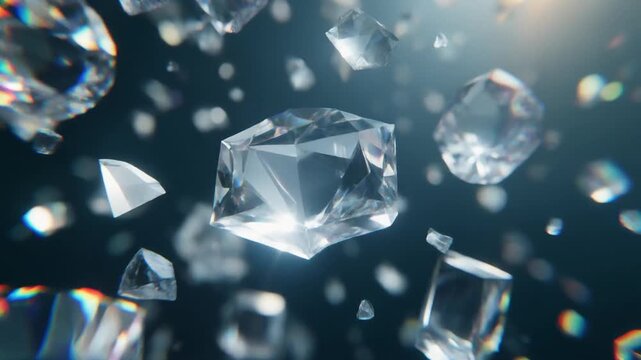 Sparkling diamonds floating in dark space creating a beautiful crystalline animation motion effect with bright light reflections and sharp facets