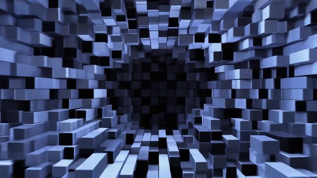 Abstract blue digital cubes shifting in a hypnotic motion animation representing a complex technological data tunnel for modern media projects