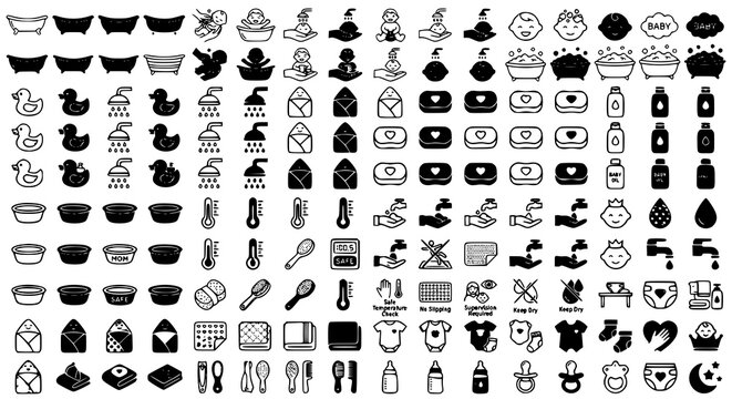 Baby Bath Vector Icon Pack with Infant Bathtub Shower and Hygiene Graphics